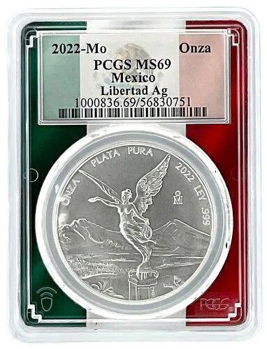 2022年 メキシコ 1オンス シルバー リベルタッド PCGS MS69 - 国旗額縁