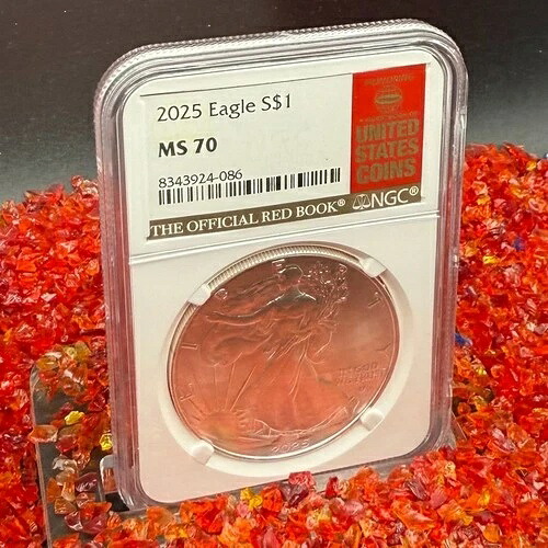 2025 年 $1 シルバー イーグル NGC MS70 ホワイト ホルダー 公式レッド ブック ラベル 希少!