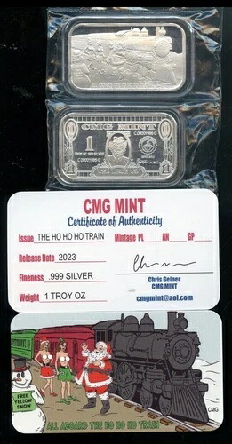CMG ミント 1オンス .999 シルバー アートバー サンタとクリスマス トレイン COA 付き