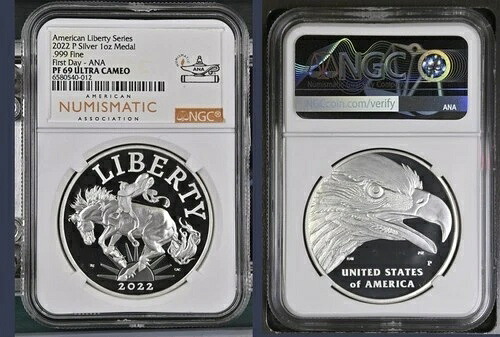 2022-P プルーフ アメリカン リバティ 1オンス シルバー メダル NGC PF69UC ブロンコ 初日 FDI