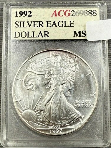 1992年 シルバー アメリカンイーグル S$1 - 希少なAccugrade ACGホルダー BU