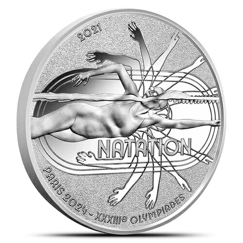 2021年 22.2グラム プルーフ フランス オリンピック 水泳銀貨（箱、CoA付き）