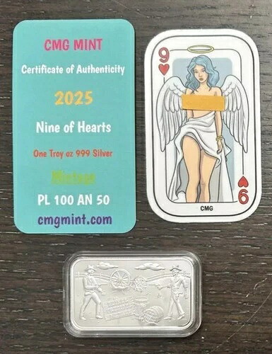 CMG ミント 9 of Hearts シルバー アートバー プルーフ 1オンス .999 発行枚数 100枚 COA & ステッカー