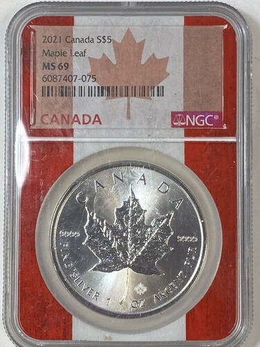2021年 5ドル 1オンス .999 銀 カナダ メープルリーフ 地金 認定コイン NGC MS 69