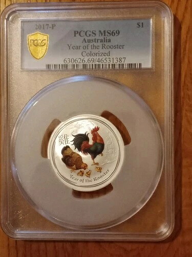 2017年 オーストラリア シルバー 1オンス ルースター カラーライズ PCGS MS69。大型スラブ。