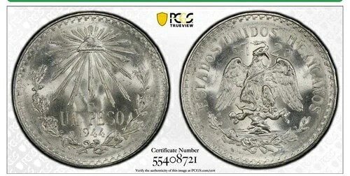 世界の銀貨: * 1944 M メキシコ ペソ PCGS MS66 * 45,045円