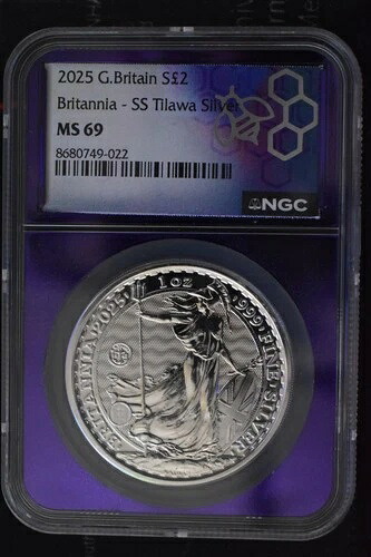 2025年 英国 ブリタニア 1オンス .999 シルバー SS ティラワ プライベート ~ NGC MS69 パープル