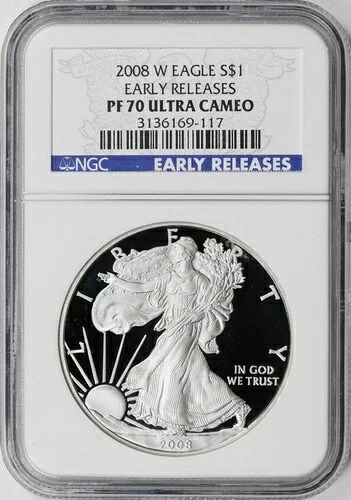 2008-W シルバープルーフ アメリカンイーグル $1 NGC PF70 ウルトラカメオ アーリーリリース