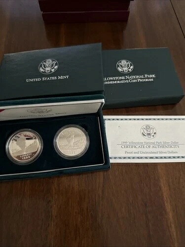 米国造幣局 1999年 イエローストーン記念 シルバードル 2枚セット MS & PF COA OGP付き