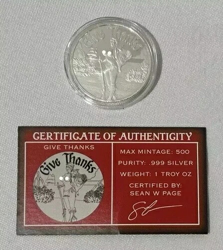 STL Mint 1トロイオンス .999 シルバー ギブ・サンクス・アート ラウンド 500 鋳造 COA付き