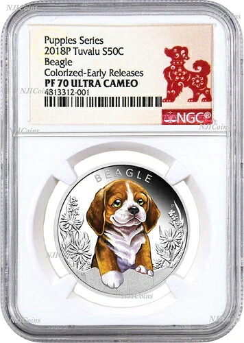 2018年 子犬 ビーグル ツバル プルーフ シルバー NGC PF 70 1/2オンス コイン 太陰暦 DOG
