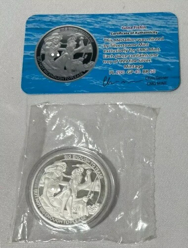CMG ミント 1オンス .999 シルバー アートラウンド COA付き Gone Fishin 新品 プラスチック