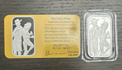 CMG Mint THE SILVER PIMP 1オンス .999 シルバーアートバー COAプルーフ付き
