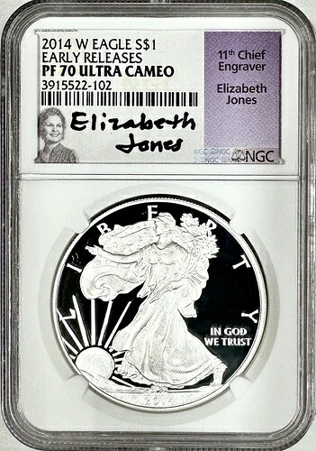 2014年 Wプルーフ アメリカン シルバーイーグル NGC PF70UCAM エリザベス・ジョーンズ 直筆サイン入り