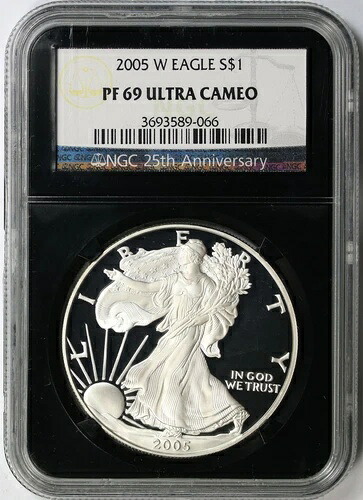 2005-W シルバーイーグル PF 69 ウルトラカメオ $1 NGC ブラックレトロスラブ 25周年記念 44,330円