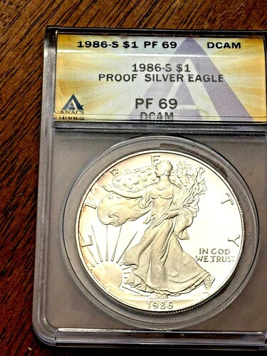 1986-S 1ドル プルーフ 米国銀貨 アメリカンイーグル ANACS PF 69 DCAM 証明書番号 7282727