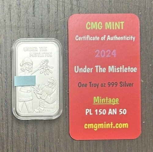 CMG ミント 1オンス .999 シルバー アートバー ヤドリギの下 COA 付き 100 ミント