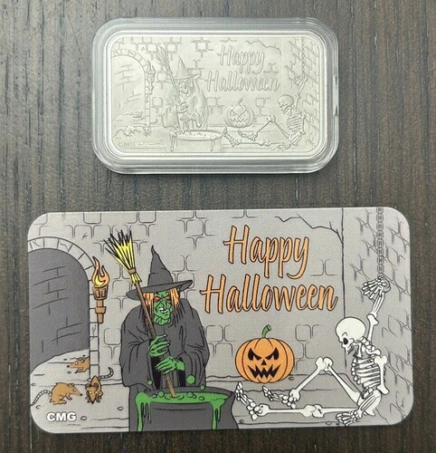 CMG ミント ハッピーハロウィン ウィッチ ダンジョン＆ボーンズ 1オンス .999 シルバーアートバー COA付き 44,330円