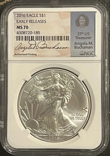 2016年 1ドル アメリカン シルバー イーグル アーリーリリース NGC MS70 アンジェラ・M・ブキャナン署名
