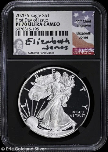 2020-S 1ドル プルーフ アメリカン シルバー イーグル NGC PR 70 UC | ジョーンズサイン FDOI