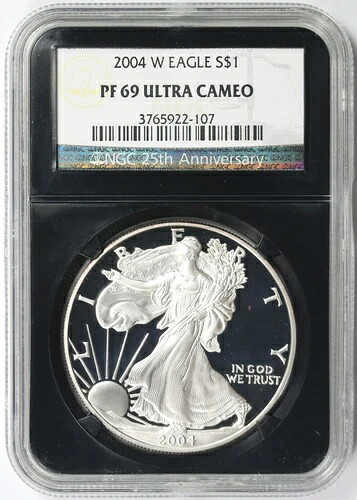 2004-W シルバーイーグル PF 69 ウルトラカメオ $1 NGC ブラックレトロスラブ 25周年記念