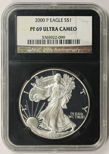 2000-P シルバーイーグル PF 69 ウルトラカメオ $1 NGC ブラックレトロスラブ 25周年記念