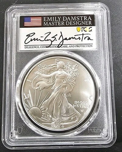 2024-P シルバーイーグル PCGS MS-69 FDI スター・プリヴィ 1オンス エミリー・ダムストラ直筆サイン入り