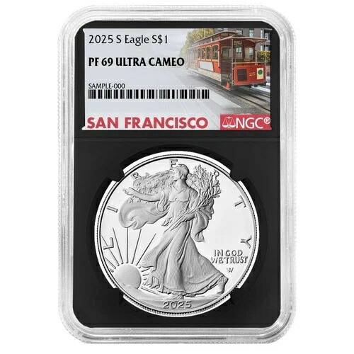 2025-S プルーフ $1 アメリカン シルバー イーグル NGC PF69UC トロリーラベル レトロコア