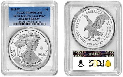 2025 W シルバーイーグル $1 レーザー プライビー PCGS PR69DCAM アドバンスリリース #1