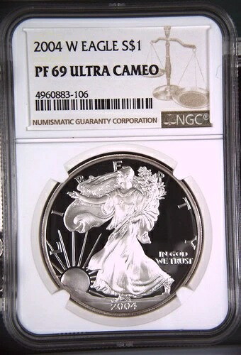 2004-W 1ドル銀貨アメリカンイーグル PF69UCAM NGC # 4960883-106 + ボーナス