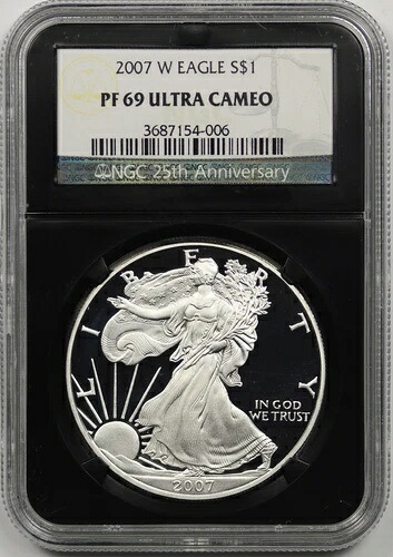 2007-W シルバーイーグル PF 69 ウルトラカメオ $1 NGC ブラックレトロスラブ 25周年記念