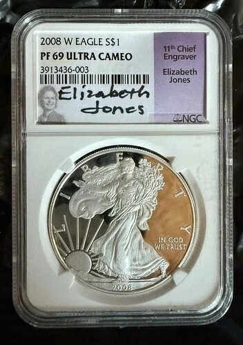 2008年 Wプルーフ シルバーイーグル - NGC PF69 ウルトラカメオ - エリザベス・ジョーンズ直筆サインラベル