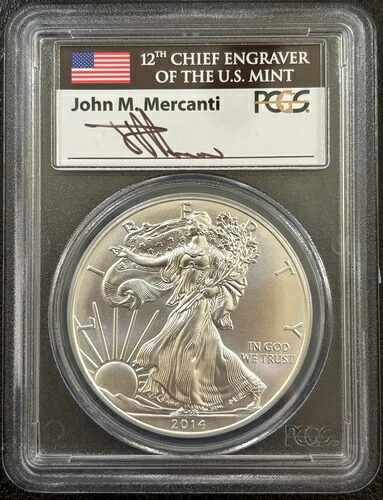 2014年 1ドル シルバーイーグル PCGS MS70 ファーストストライク ジョン・マーカンティ サイン入り フラッグラベル #105