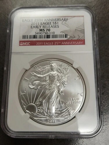 2011 25周年記念 アメリカン シルバー イーグル NGC MS70 早期リリース レッドラベル .999