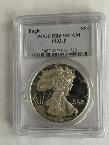 1993-P アメリカン シルバー イーグル ドル PR69DCAM PCGS プルーフ 69 ディープカメオ