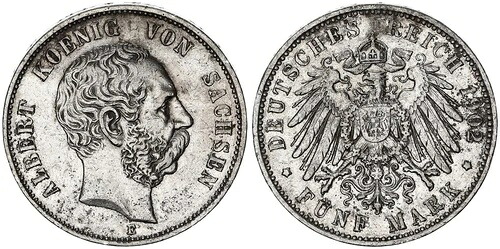 帝国/ザクセン 5マルク銀貨 1902年 E Albert VF-XF 127271-
