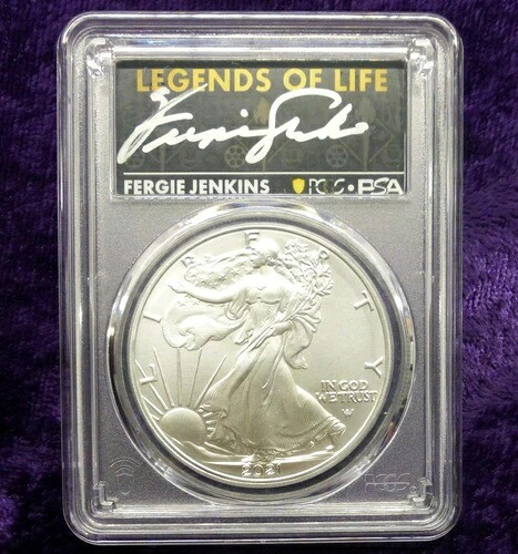 2021年 PCGS MS 70 初回生産 T-2 シルバーイーグル $1、ファーギー・ジェンキンス直筆サイン入り 44,330円