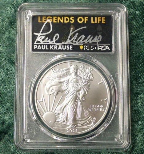 2021年 PCGS MS 70 最終生産日 シルバーイーグルドル、ポール・クラウス氏サイン