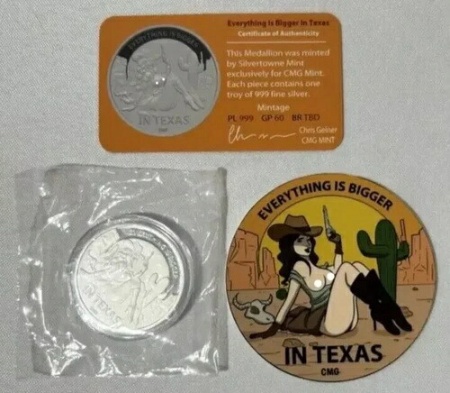 CMG Mint Everything Is Bigger In TEXAS 1オンス .999 シルバー アートラウンド COA付き