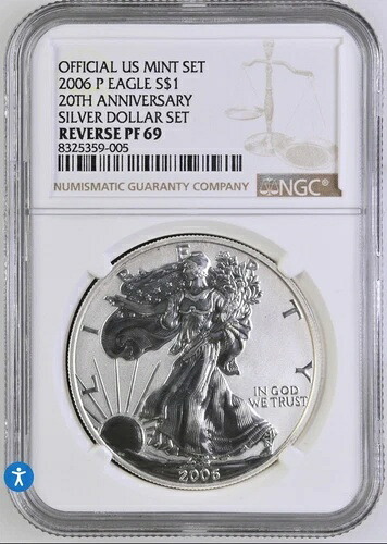 2006-P シルバーイーグル 20周年記念 $1 リバース PF 69 NGC 公式米国造幣局セット 44,330円