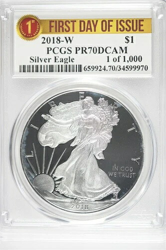 2018 W 1オンス シルバーイーグル PCGS PR70 DCAM - 発行初日 - 1000枚中1枚