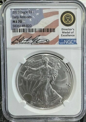 2020年 アメリカン・シルバー・イーグル NGC MS70 ER - マイルズ・スタンディッシュ直筆サイン入り