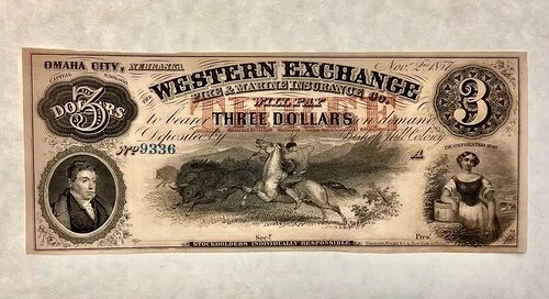1857年頃 3ドル ウエスタン・エクスチェンジ ビショップヒル オマハシティ、ネブラスカ州 - インディアン・バッファロー・ハント|WORLD RESOURCE【QUEEN店】