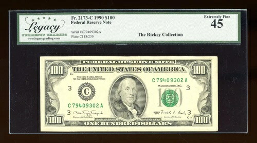 DBR 1990 $100 FRN フィラデルフィア Fr. 2173-C レガシー 45 シリアル C79409302A