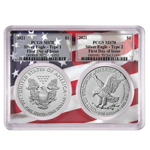 2021年 1ドル タイプ1およびタイプ2 シルバーイーグルセット PCGS MS70 FDOI 旗枠