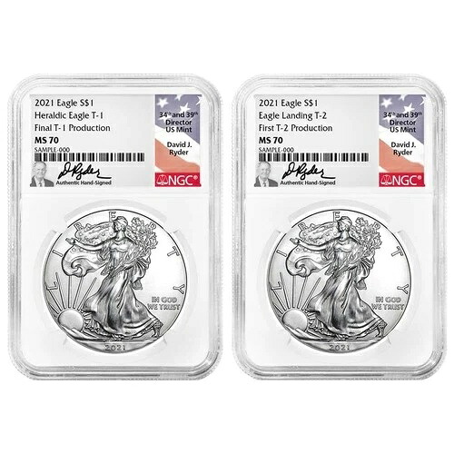 2021 $1 T1 & T2 シルバーイーグルセット NGC MS70 初代および最終生産品 デビッド