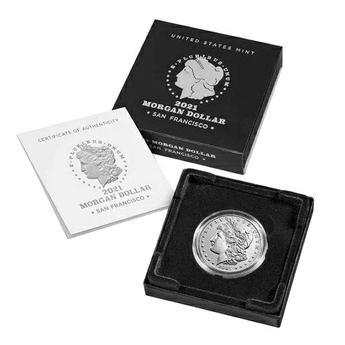 2021-S 1ドルモルガン銀貨ボックス、OGP & COA 54,120円