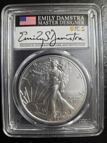 2023-W バーニッシュド シルバー イーグル PCGS SP70 デンバー初日 エミリー・ダムストラ サイン入り