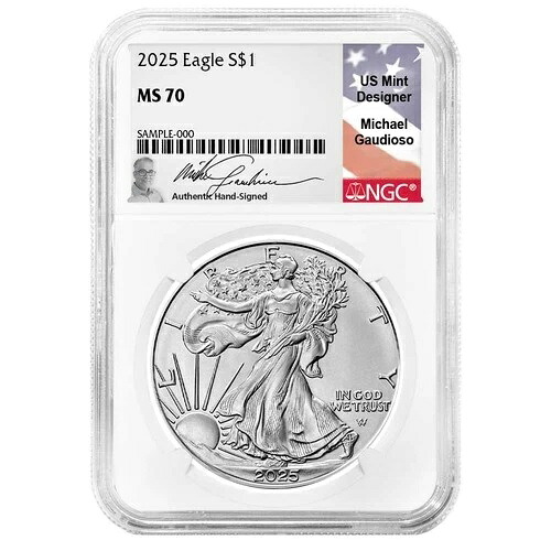 2025年 1ドル 1オンス アメリカンシルバーイーグル NGC MS70 ER マイケル・ガウディオーソ署名ラベル