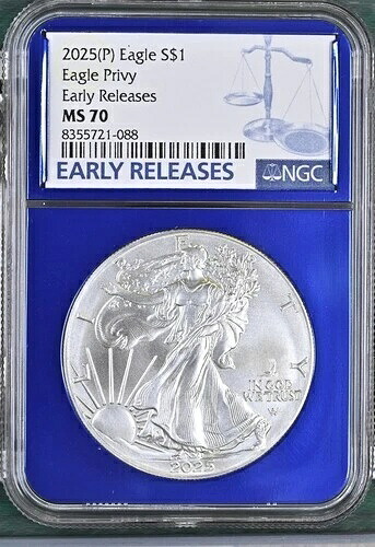 2025 P シルバーイーグル 枢密 NGC MS70 早期発売 ブルーコア-